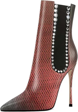 XYD Women Trendy Rivets High Stiletto Heel Closed Pointed Toe Ankle Boots Back Zipper Studded Mid Calf Short Bootie Evening Party Club Shoes