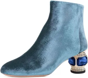 XYD Women Velvet Closed Round Toe Ankle Boots Zipper Side Fashion Gem Crystal Block Low Heel Party Event Booties Shoes