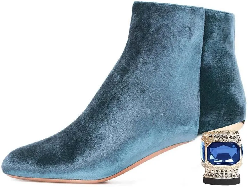 XYD Women Velvet Closed Round Toe Ankle Boots Zipper Side Fashion Gem Crystal Block Low Heel Party Event Booties Shoes