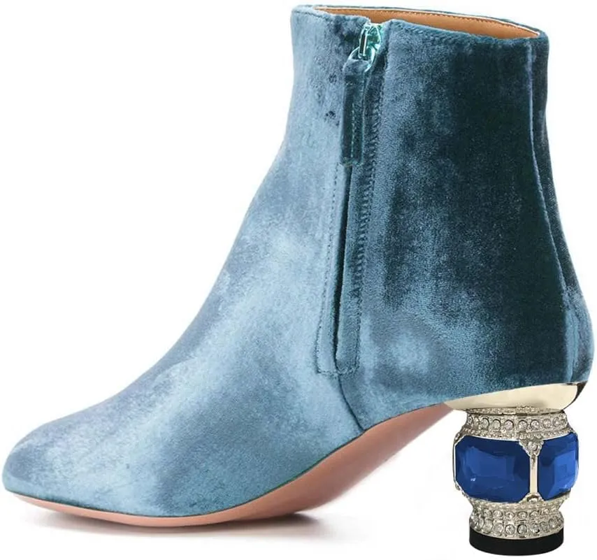 XYD Women Velvet Closed Round Toe Ankle Boots Zipper Side Fashion Gem Crystal Block Low Heel Party Event Booties Shoes