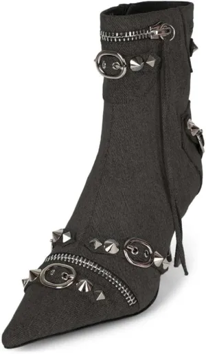 XYD Women's Ankle Boots Ultra Fashion Pointed Toe Kitten Low Heels Zipped Rivets Studded Short Booties Event Club Shoes