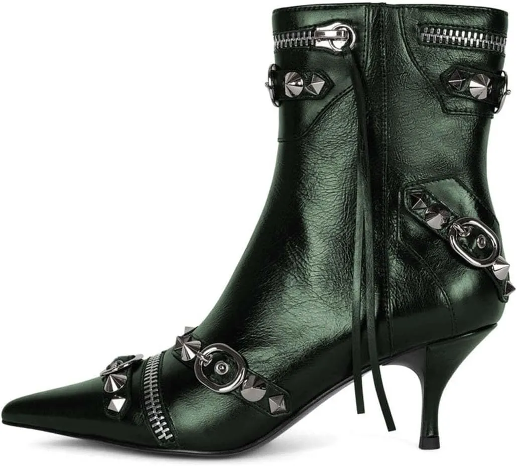 XYD Women's Ankle Boots Ultra Fashion Pointed Toe Kitten Low Heels Zipped Rivets Studded Short Booties Event Club Shoes