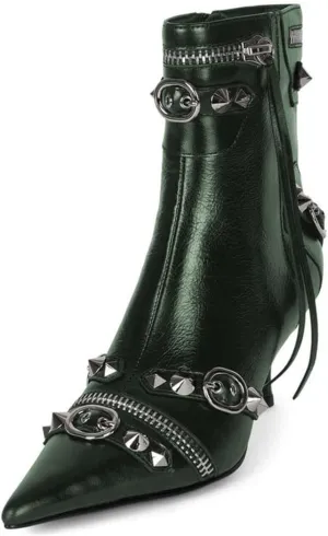 XYD Women's Ankle Boots Ultra Fashion Pointed Toe Kitten Low Heels Zipped Rivets Studded Short Booties Event Club Shoes