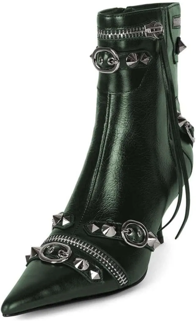 XYD Women's Ankle Boots Ultra Fashion Pointed Toe Kitten Low Heels Zipped Rivets Studded Short Booties Event Club Shoes