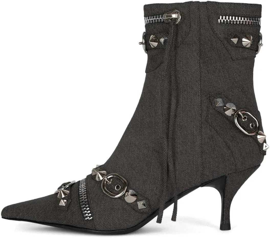 XYD Women's Ankle Boots Ultra Fashion Pointed Toe Kitten Low Heels Zipped Rivets Studded Short Booties Event Club Shoes