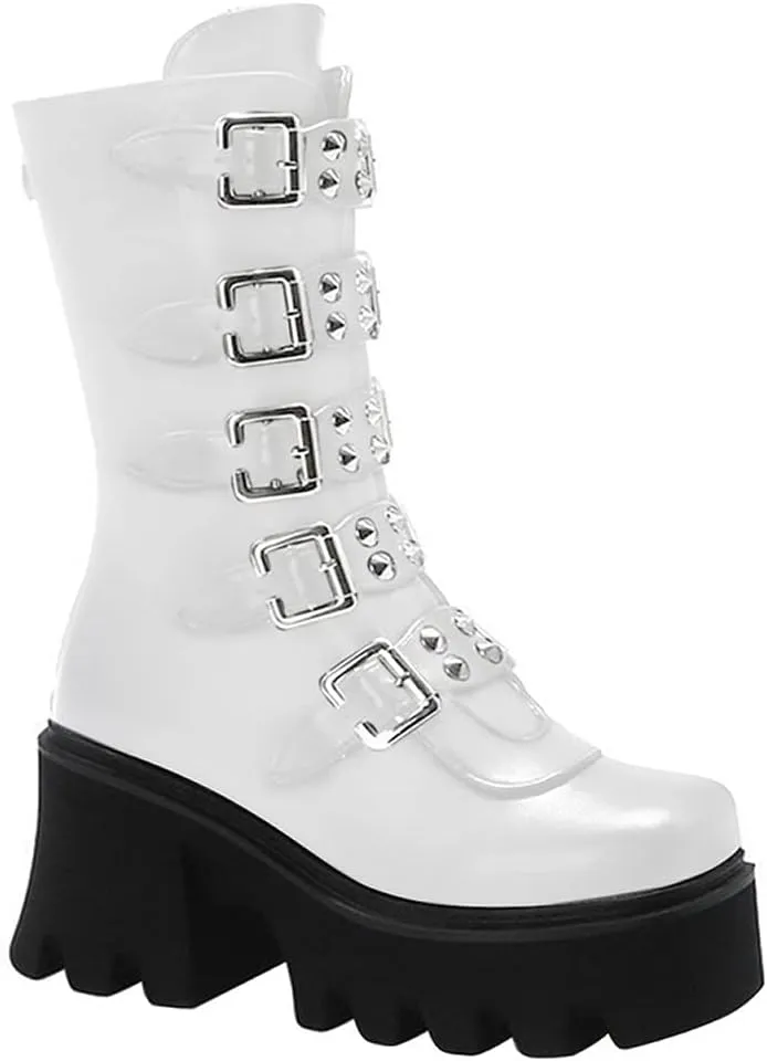 YIYA Black Platform Goth Boots for Women Studded Wide Mid Calf Combat Punk Boots Round Toe Buckle Chunky Heel Back Zipper Thick Sole Ankle Booties