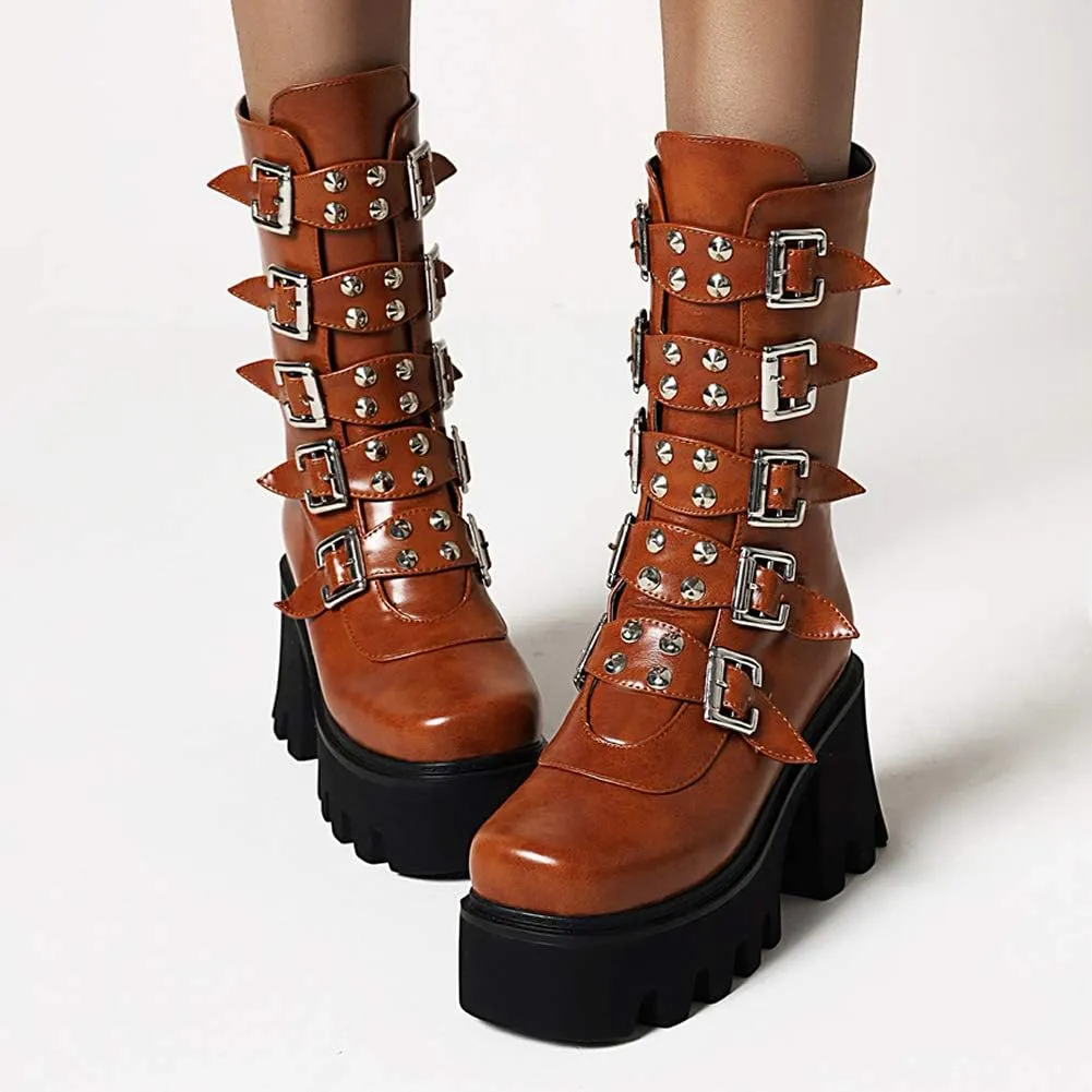 YIYA Black Platform Goth Boots for Women Studded Wide Mid Calf Combat Punk Boots Round Toe Buckle Chunky Heel Back Zipper Thick Sole Ankle Booties
