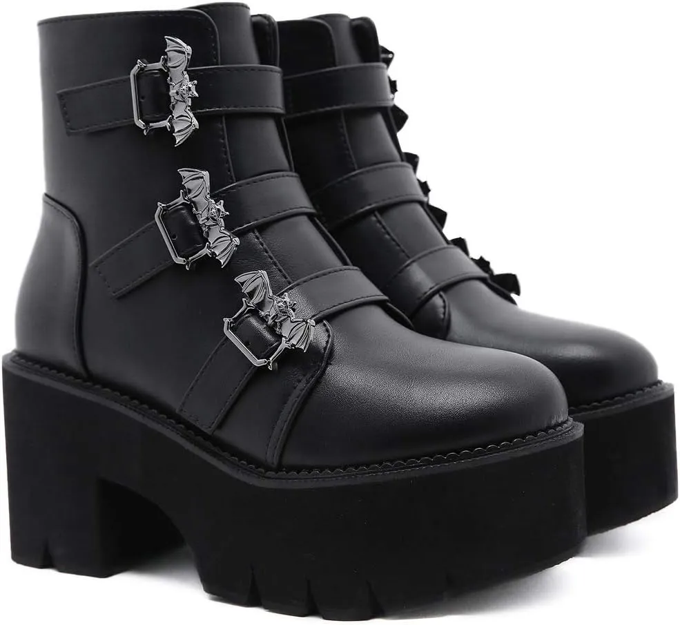 YIYA Women's Black Goth Platform Ankle Boots with Bat Wing Buckles Chunky Block Heels Round Toe Zipper Punk Motorcycle Combat Boots Comfy Short Gothic Booties