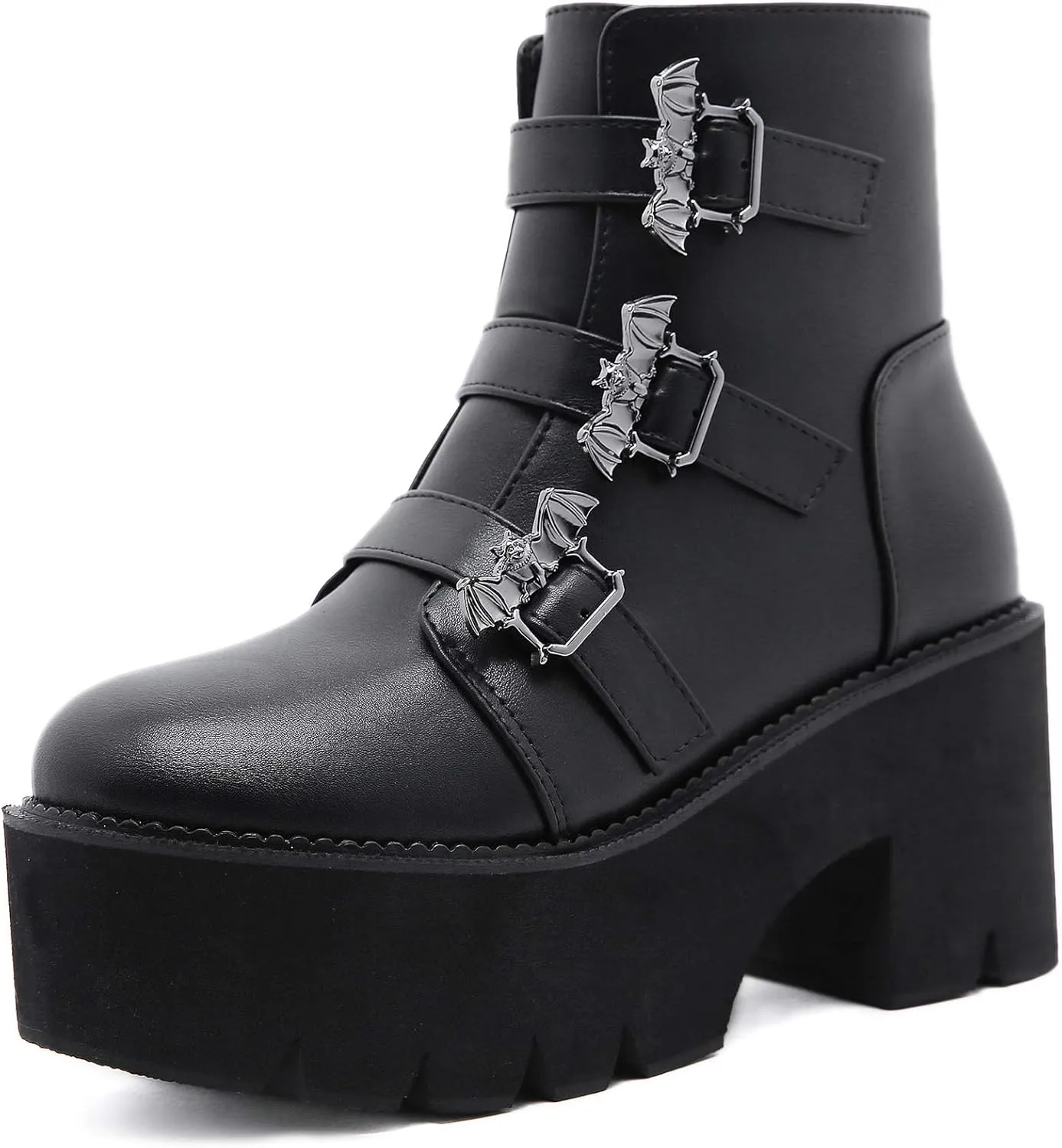 YIYA Women's Black Goth Platform Ankle Boots with Bat Wing Buckles Chunky Block Heels Round Toe Zipper Punk Motorcycle Combat Boots Comfy Short Gothic Booties