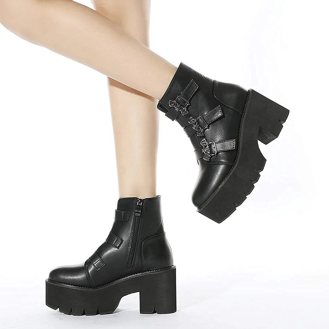 YIYA Women's Black Goth Platform Ankle Boots with Bat Wing Buckles Chunky Block Heels Round Toe Zipper Punk Motorcycle Combat Boots Comfy Short Gothic Booties