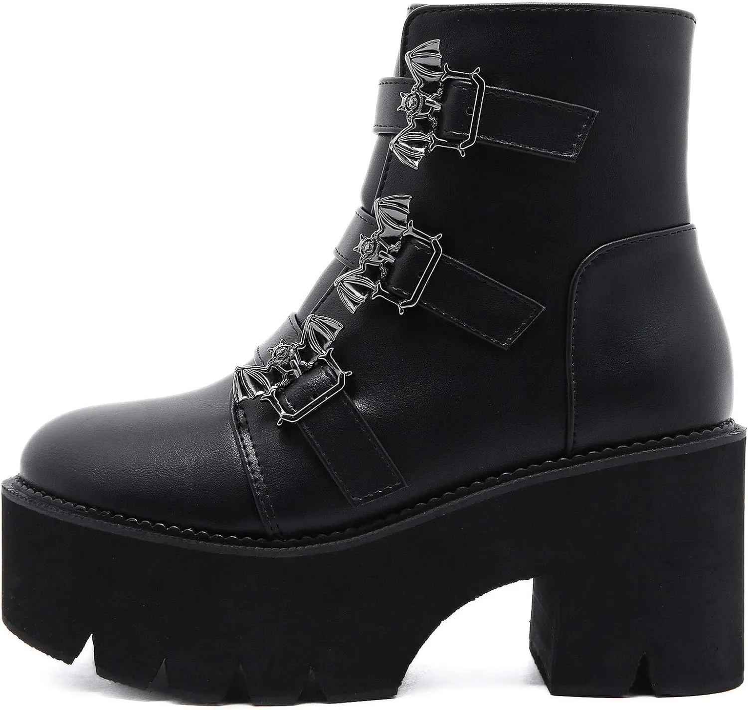 YIYA Women's Black Goth Platform Ankle Boots with Bat Wing Buckles Chunky Block Heels Round Toe Zipper Punk Motorcycle Combat Boots Comfy Short Gothic Booties