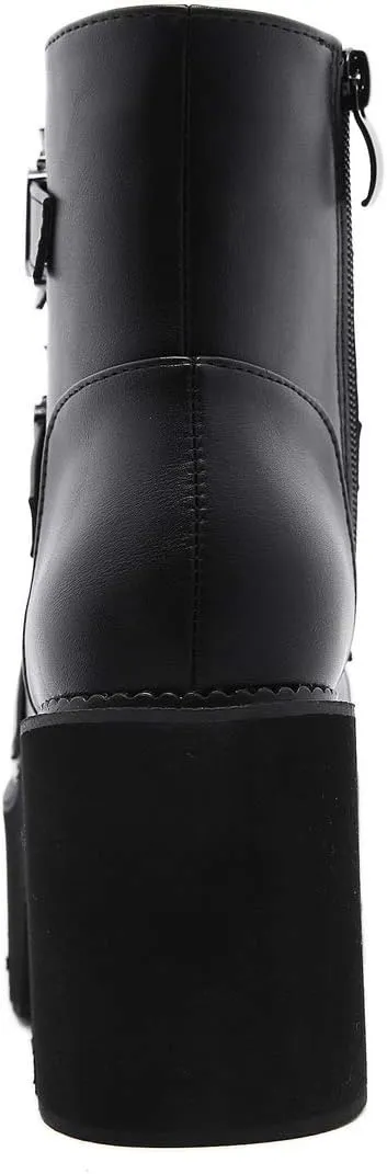 YIYA Women's Black Goth Platform Ankle Boots with Bat Wing Buckles Chunky Block Heels Round Toe Zipper Punk Motorcycle Combat Boots Comfy Short Gothic Booties