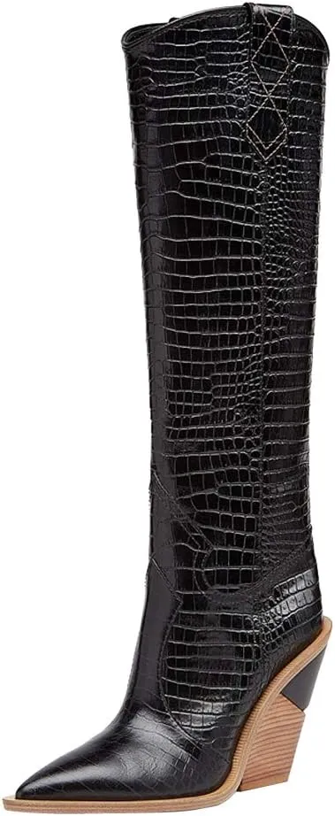 YIYA Women's Cowgirl Knee High Boots with Thick Wedge Heel Fashion Dress Boot for Women Western Cowboy Boot