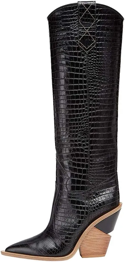 YIYA Women's Cowgirl Knee High Boots with Thick Wedge Heel Fashion Dress Boot for Women Western Cowboy Boot