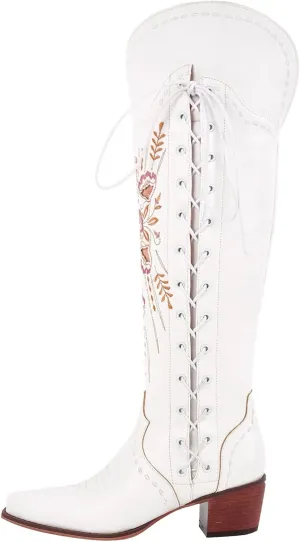 Yolkomo Cowboy Boots for Women Wide Calf Embroidered Western Cowgirl Boots Pointed Toe Over-The-Knee High Lace-Up Boots