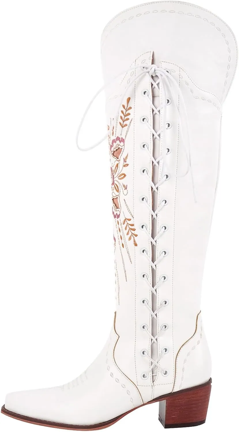 Yolkomo Cowboy Boots for Women Wide Calf Embroidered Western Cowgirl Boots Pointed Toe Over-The-Knee High Lace-Up Boots