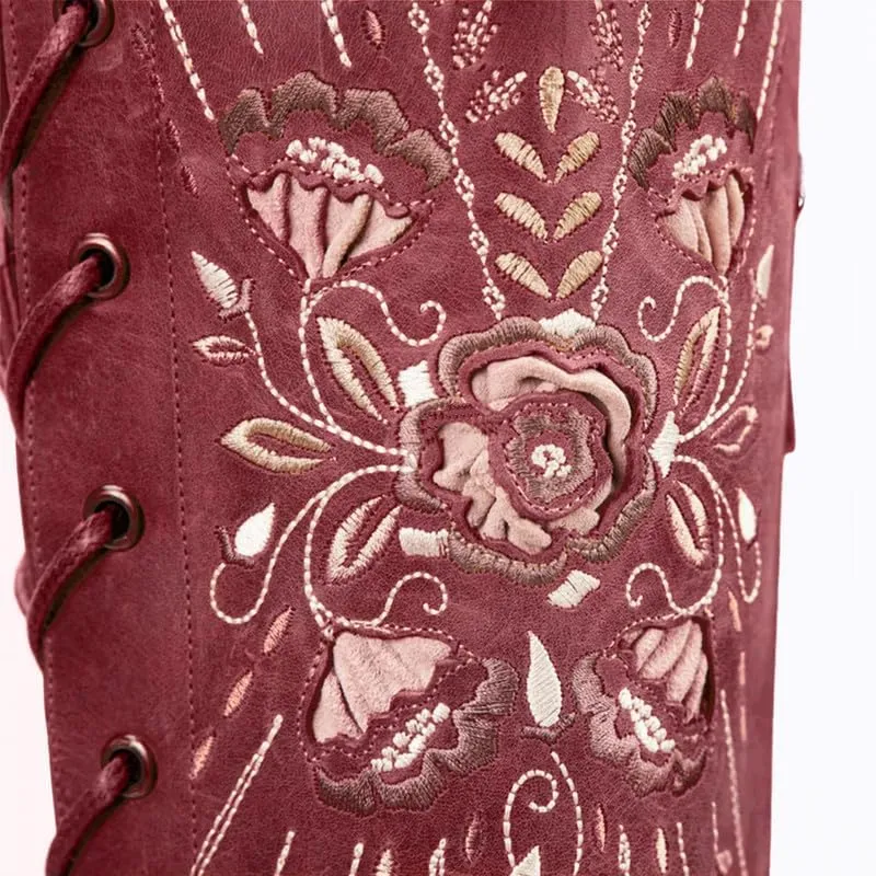 Yolkomo Cowboy Boots for Women Wide Calf Embroidered Western Cowgirl Boots Pointed Toe Over-The-Knee High Lace-Up Boots
