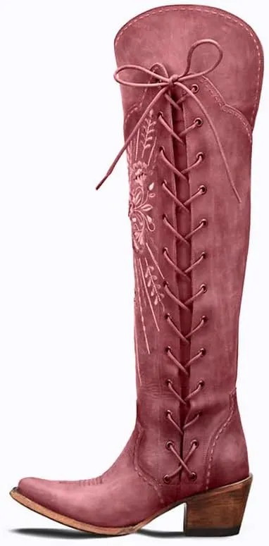 Yolkomo Cowboy Boots for Women Wide Calf Embroidered Western Cowgirl Boots Pointed Toe Over-The-Knee High Lace-Up Boots