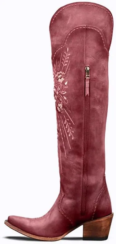 Yolkomo Cowboy Boots for Women Wide Calf Embroidered Western Cowgirl Boots Pointed Toe Over-The-Knee High Lace-Up Boots