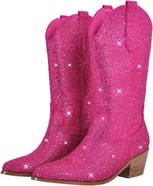 Yolkomo Cowboy Boots For Women Wide Calf Glitter Rhinestone Cowgirl Boots
