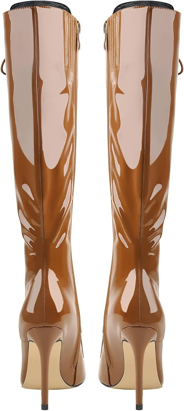 Yolkomo Women's Kneed High Boots Sexy Pointed Toe Stiletto Metallic Leather Boots With Buckle Strap