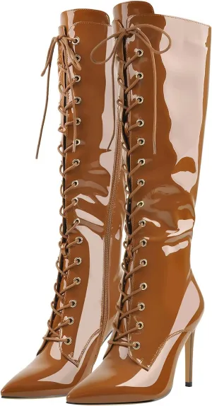 Yolkomo Women's Kneed High Boots Sexy Pointed Toe Stiletto Metallic Leather Boots With Buckle Strap