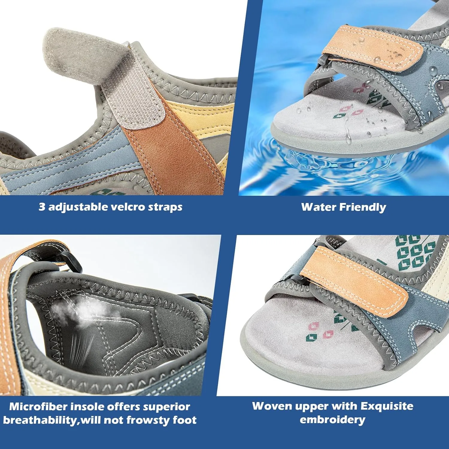 Zelaprox Women Comfortable Walking Sandals with Arch Support Hiking Sandals Casual Summer Athletic Sandals for Outdoor with 3 Adjustable Hook and Loop Strap