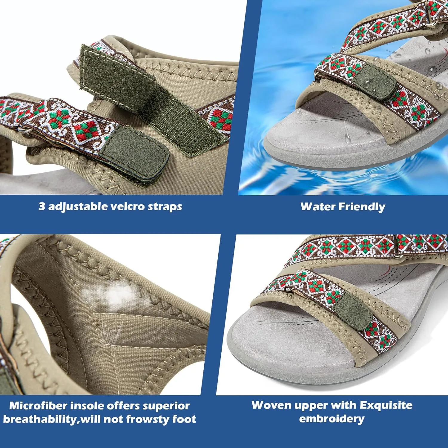 Zelaprox Women Comfortable Walking Sandals with Arch Support Hiking Sandals Casual Summer Athletic Sandals for Outdoor with 3 Adjustable Hook and Loop Strap