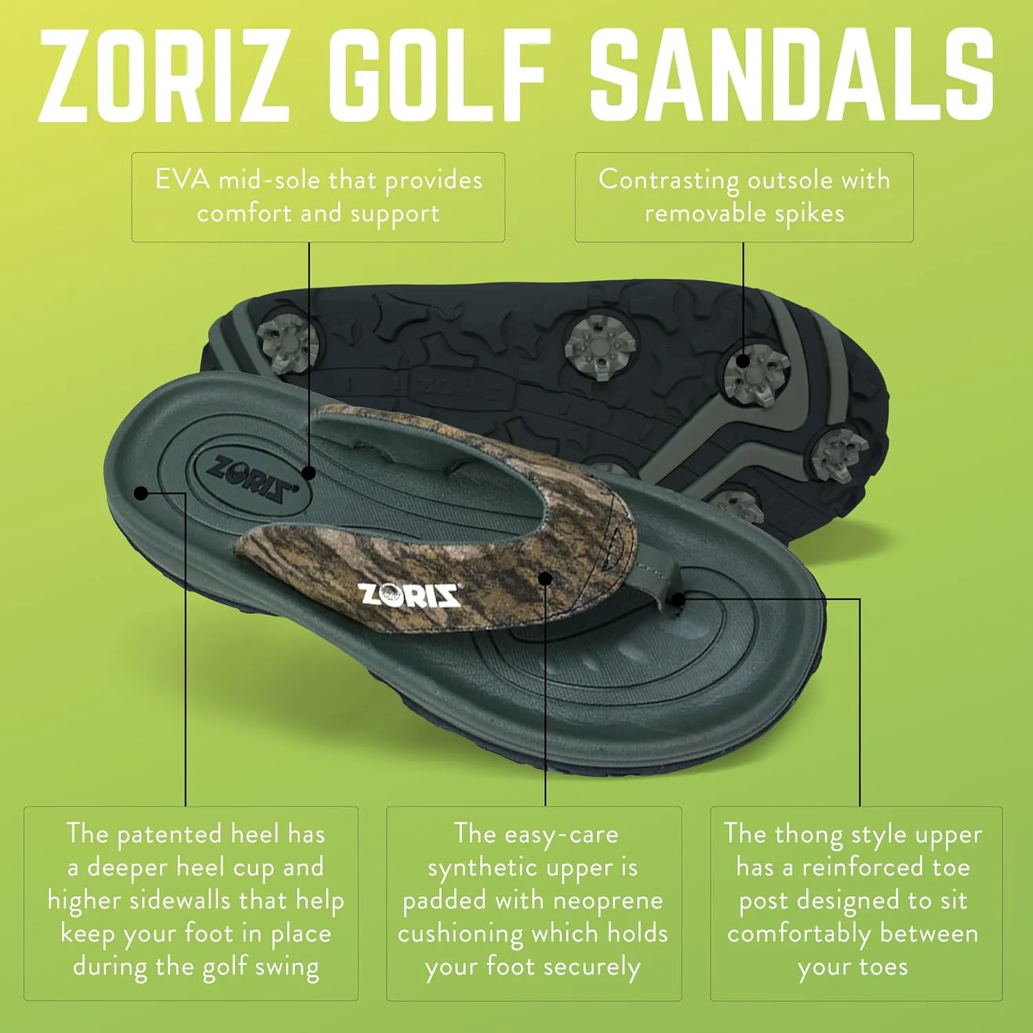 ZORIZ Mossy Oak Golf Sandals for Women and Men, Thong Flip Flops With Removable Spikes, Golf Footwear With Deeper Heel Cup and Higher Sidewalls for Comfort