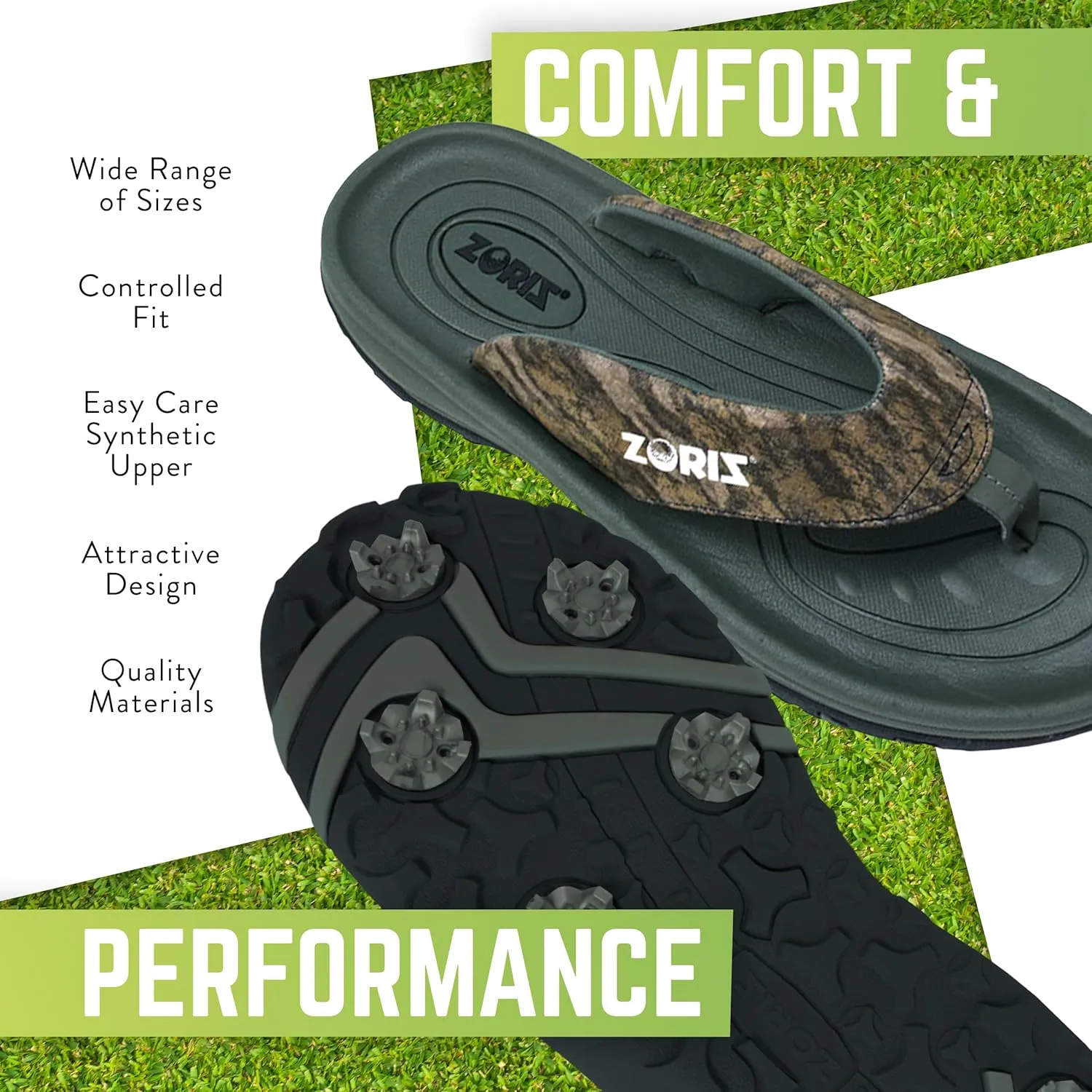 ZORIZ Mossy Oak Golf Sandals for Women and Men, Thong Flip Flops With Removable Spikes, Golf Footwear With Deeper Heel Cup and Higher Sidewalls for Comfort