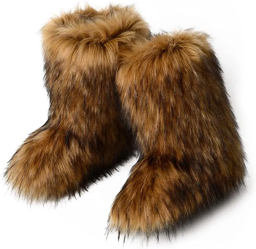 ZOSCGJMY Faux Fur Boots for Women Fuzzy Fluffy Furry Round Toe Suede Winter Snow Boots Flat Shoes