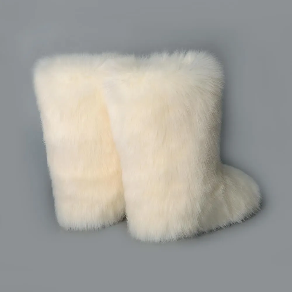ZOSCGJMY Faux Fur Boots for Women Fuzzy Fluffy Furry Round Toe Suede Winter Snow Boots Flat Shoes