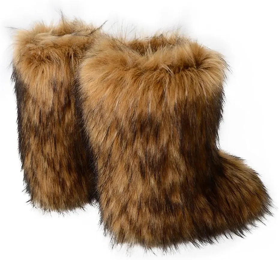 ZOSCGJMY Faux Fur Boots for Women Fuzzy Fluffy Furry Round Toe Suede Winter Snow Boots Flat Shoes