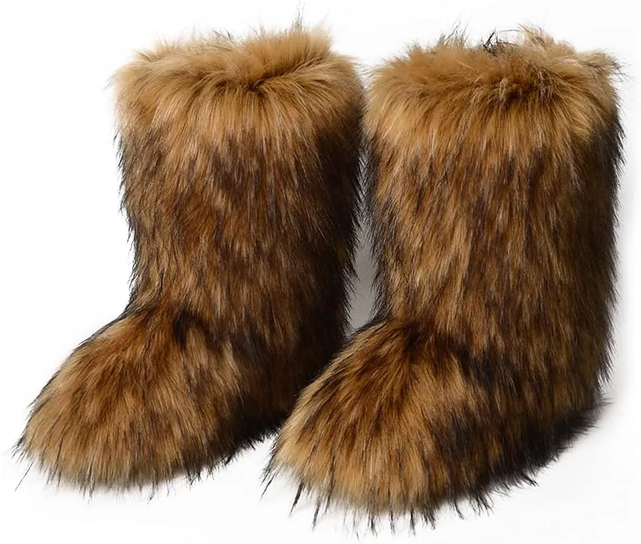 ZOSCGJMY Faux Fur Boots for Women Fuzzy Fluffy Furry Round Toe Suede Winter Snow Boots Flat Shoes