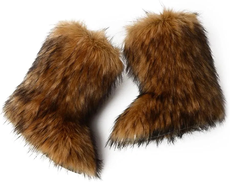 ZOSCGJMY Faux Fur Boots for Women Fuzzy Fluffy Furry Round Toe Suede Winter Snow Boots Flat Shoes