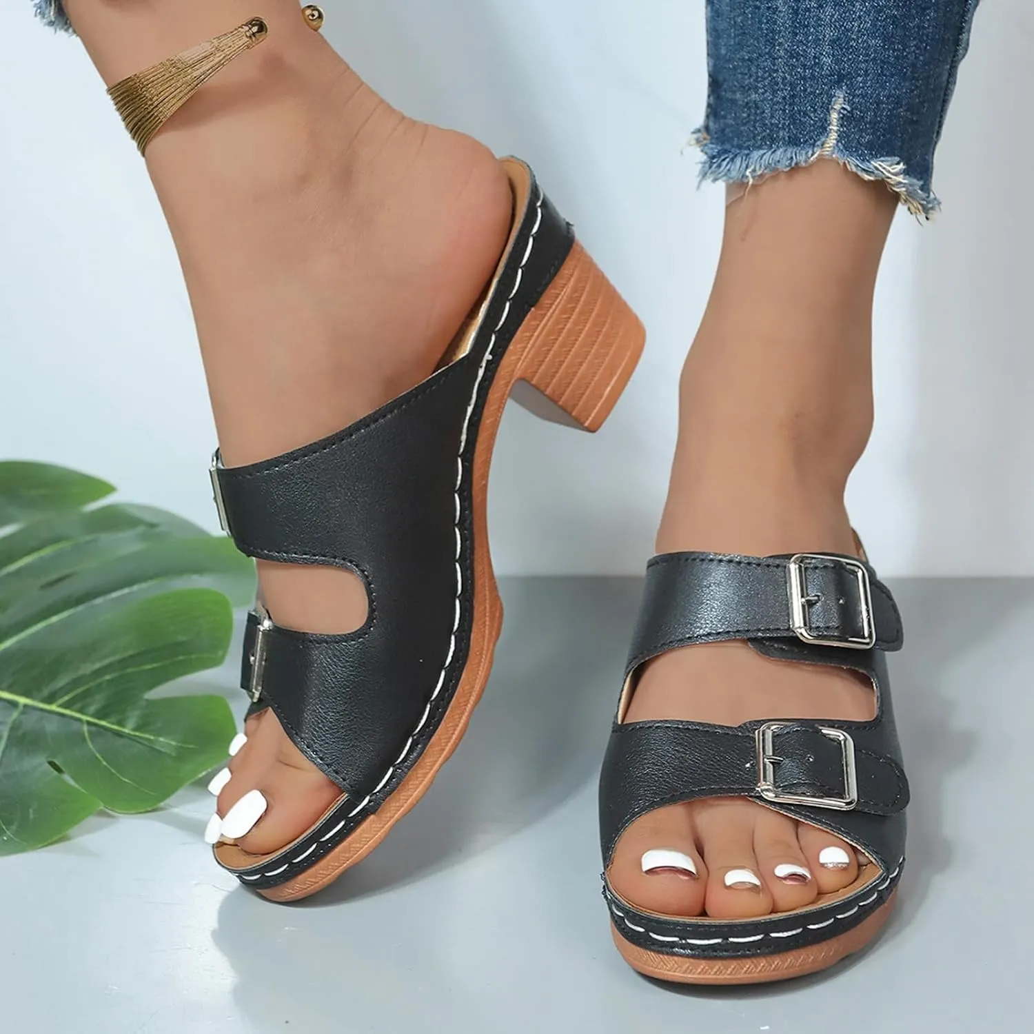 ZSpzx Summer Sandals For Women 2025,Women's Heeled Two Strap Open Toe Mid Ankle Sandal Adjustable Comfortable Casual Slippers Low Block Chunky Heels Slip On Womens Backless Mules Slide Walking Shoes