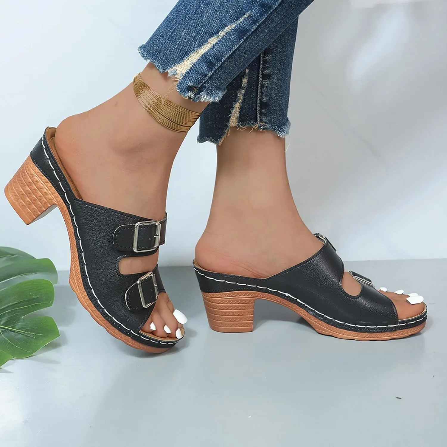 ZSpzx Summer Sandals For Women 2025,Women's Heeled Two Strap Open Toe Mid Ankle Sandal Adjustable Comfortable Casual Slippers Low Block Chunky Heels Slip On Womens Backless Mules Slide Walking Shoes