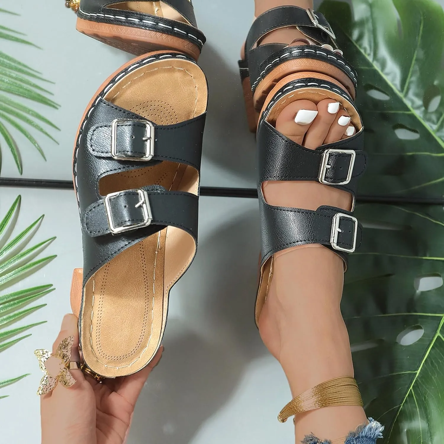 ZSpzx Summer Sandals For Women 2025,Women's Heeled Two Strap Open Toe Mid Ankle Sandal Adjustable Comfortable Casual Slippers Low Block Chunky Heels Slip On Womens Backless Mules Slide Walking Shoes