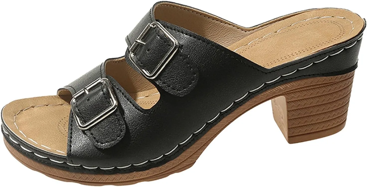ZSpzx Summer Sandals For Women 2025,Women's Heeled Two Strap Open Toe Mid Ankle Sandal Adjustable Comfortable Casual Slippers Low Block Chunky Heels Slip On Womens Backless Mules Slide Walking Shoes