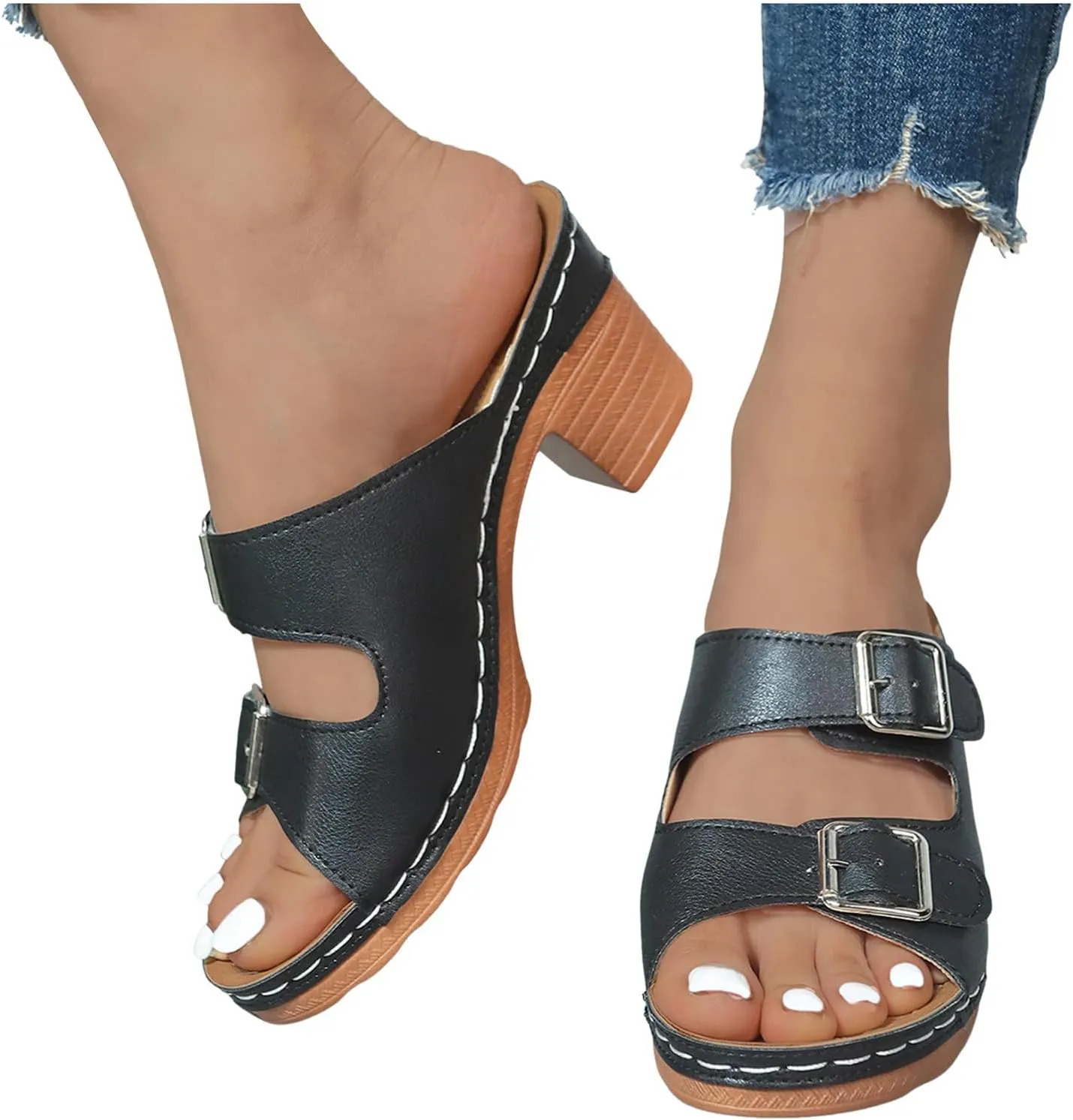 ZSpzx Summer Sandals For Women 2025,Women's Heeled Two Strap Open Toe Mid Ankle Sandal Adjustable Comfortable Casual Slippers Low Block Chunky Heels Slip On Womens Backless Mules Slide Walking Shoes