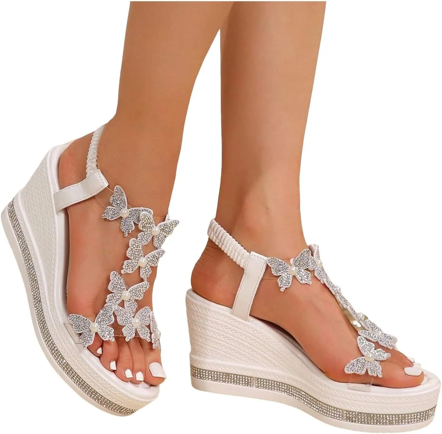 ZSpzx Wedge Platform Sandals for Women Open Toe Espadrille Butterfly Rhinestone Sparkly Sandal Elastic Strappy Arch Support Orthopedic Boho Summer Comfortable Shoe for Wedding Bridal Evening Cocktail