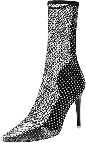 ZSpzx Women Bling Rhinestones Dress Boots For Lady Sexy Fashion Transparent Black Sheer Mesh Glitter Pointed Toe Stiletto High Heels Ankle Booties Clear Mid Calf Short Wedding Banquet Party