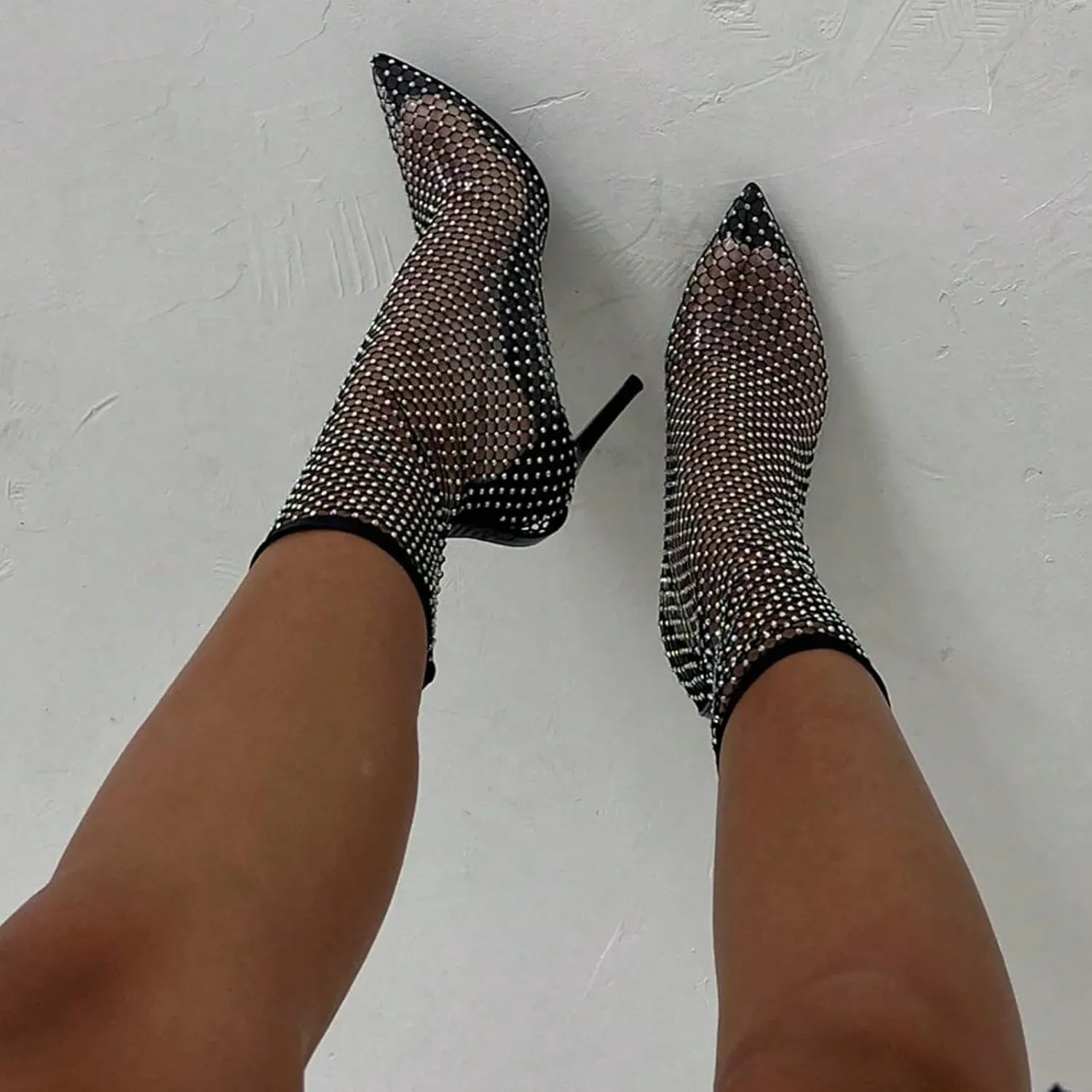 ZSpzx Women Bling Rhinestones Dress Boots For Lady Sexy Fashion Transparent Black Sheer Mesh Glitter Pointed Toe Stiletto High Heels Ankle Booties Clear Mid Calf Short Wedding Banquet Party