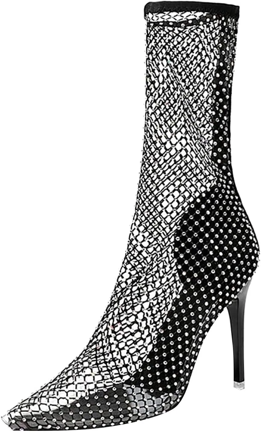 ZSpzx Women Bling Rhinestones Dress Boots For Lady Sexy Fashion Transparent Black Sheer Mesh Glitter Pointed Toe Stiletto High Heels Ankle Booties Clear Mid Calf Short Wedding Banquet Party
