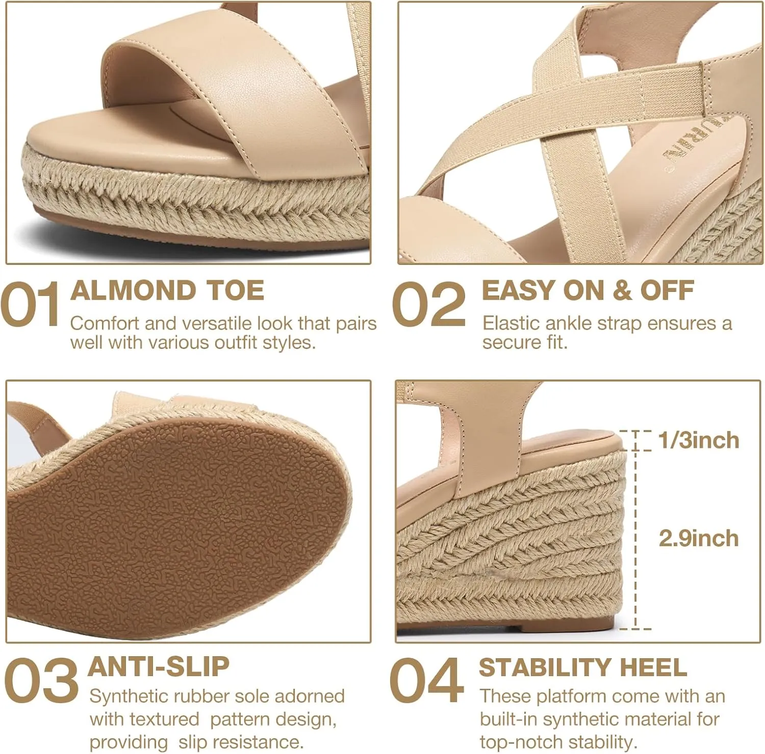 ZURIN Womens Open Toe Espadrilles Dressy Platform Sandals Elastic Ankle Strap Comfortable Wedges Casual Sandals