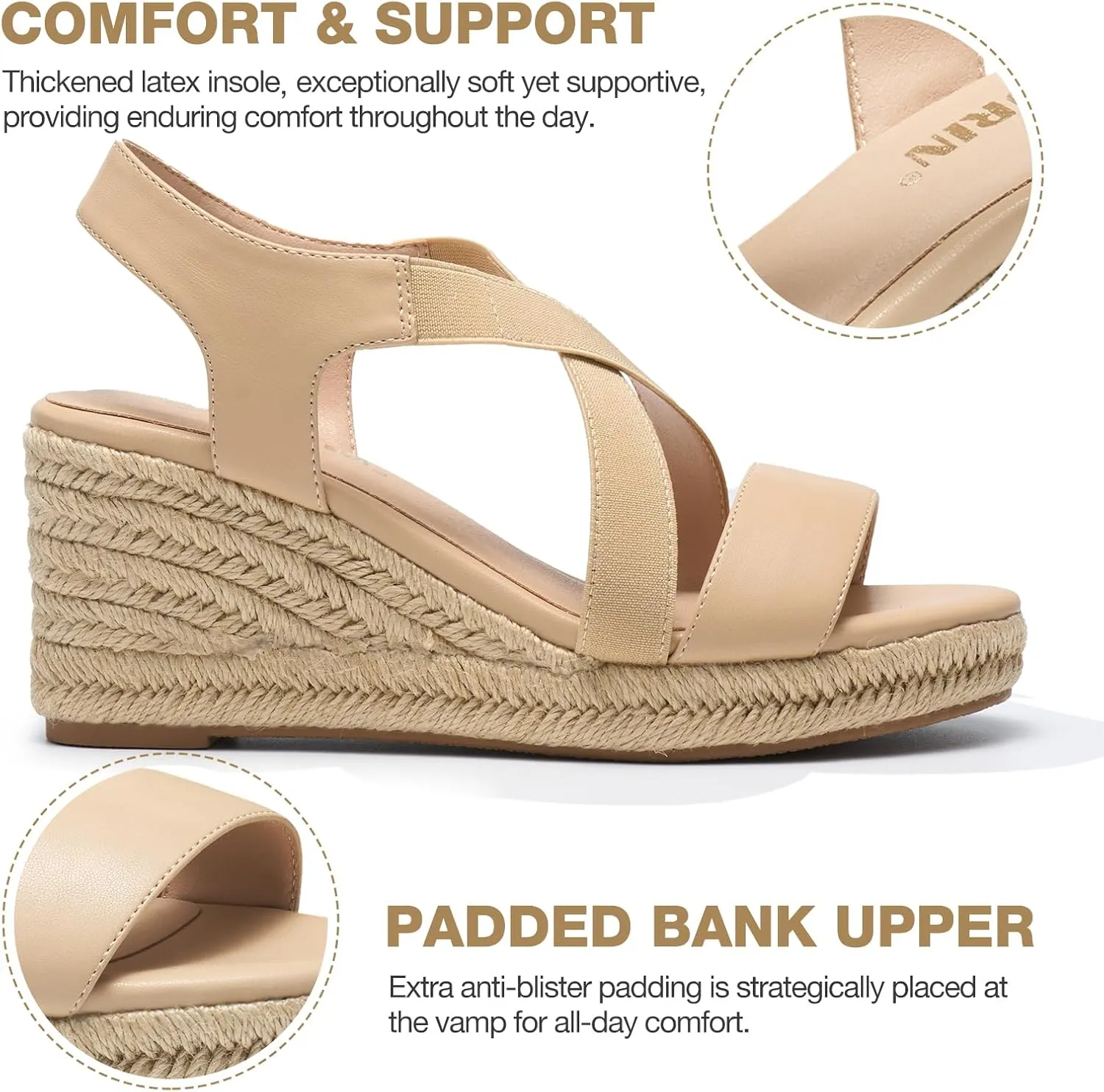 ZURIN Womens Open Toe Espadrilles Dressy Platform Sandals Elastic Ankle Strap Comfortable Wedges Casual Sandals
