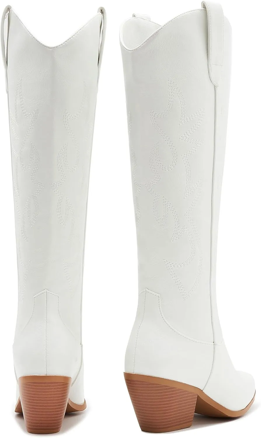 ZXHYZLZ Cowboy Boots For Women -Wide Calf Knee High Cowgirl Boots Botas Vaqueras Para Mujer Classic Embroidered Slip On Pointed Toe Thick Heel western Tall Boots Great For Country Concerts and Parties